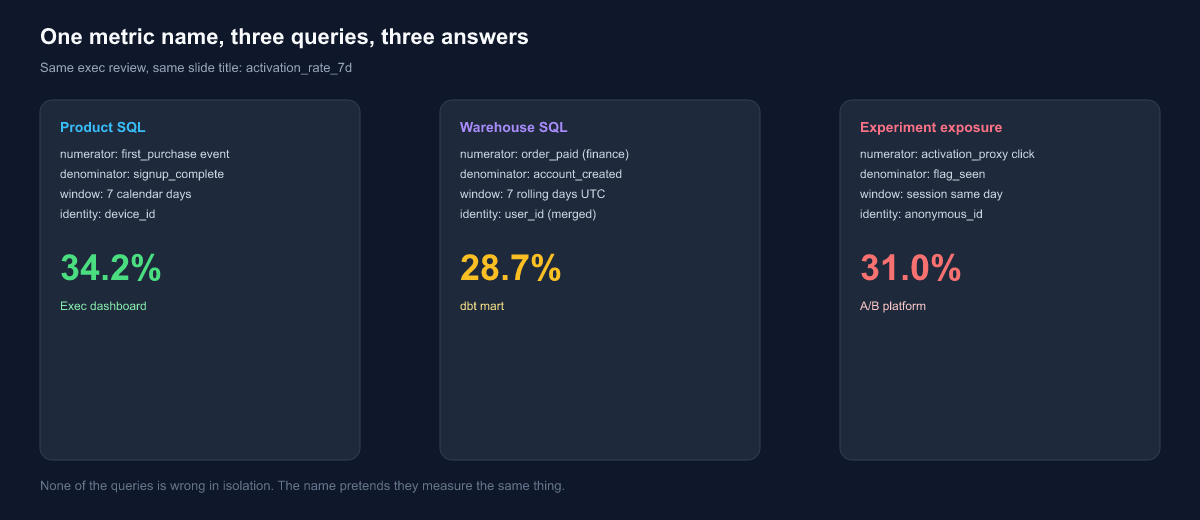 One metric name, three queries, three answers